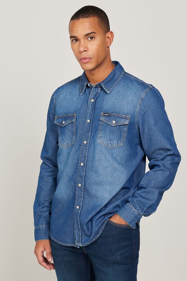 Regular Fit %100 Pamuk Mavi Jean Kot Gömlek - 2