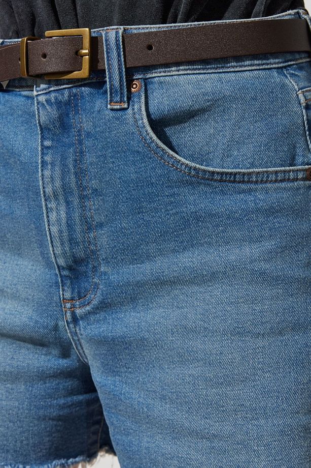 Regular Fit Normal Kesim Yüksek Bel Desenli Esnek Jean Kot Şort - 5