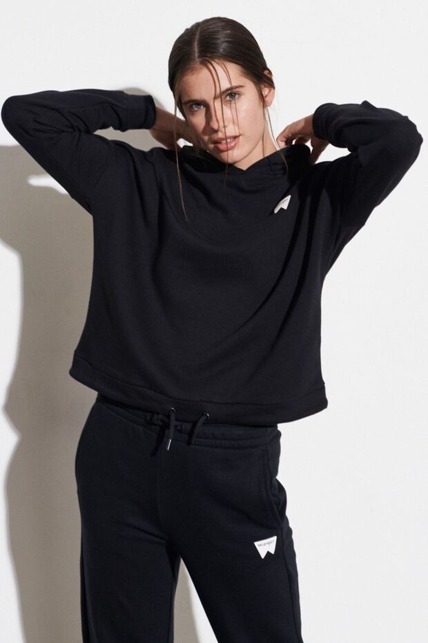 Loose Fit Relaxed Cut Black Women's Fleece Inside Hooded Sweatshirt