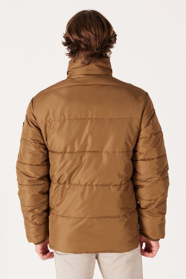 Regular Fit Normal Kesim Dik Yaka Kapüşonlu Camel Şişme Mont - 6