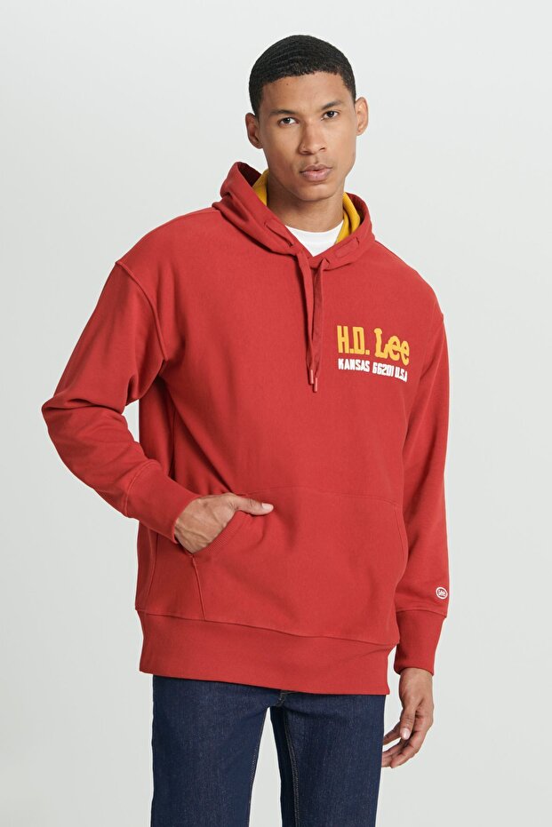 Loose Fit Relaxed Cut Red Men's Fleece Hooded Sweatshirt