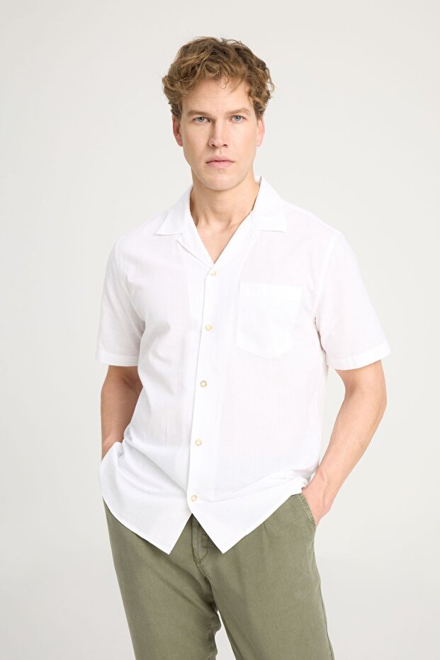 Relaxed Fit Wide Cut Short Sleeve 100% Cotton Broken White Shirt