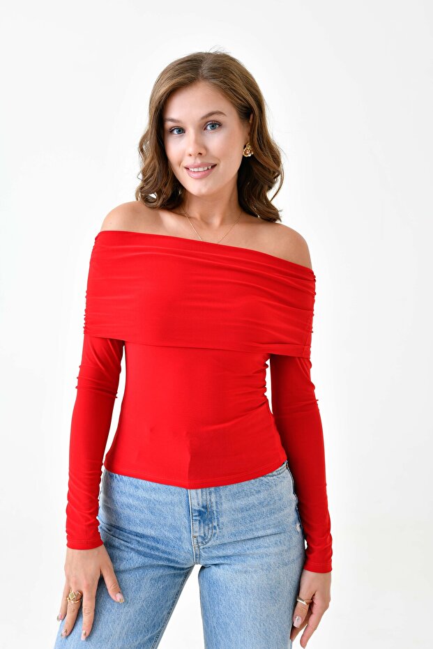 Women's Sandy Fabric Madonna Collar Design Long Sleeve Red Blouse 12252