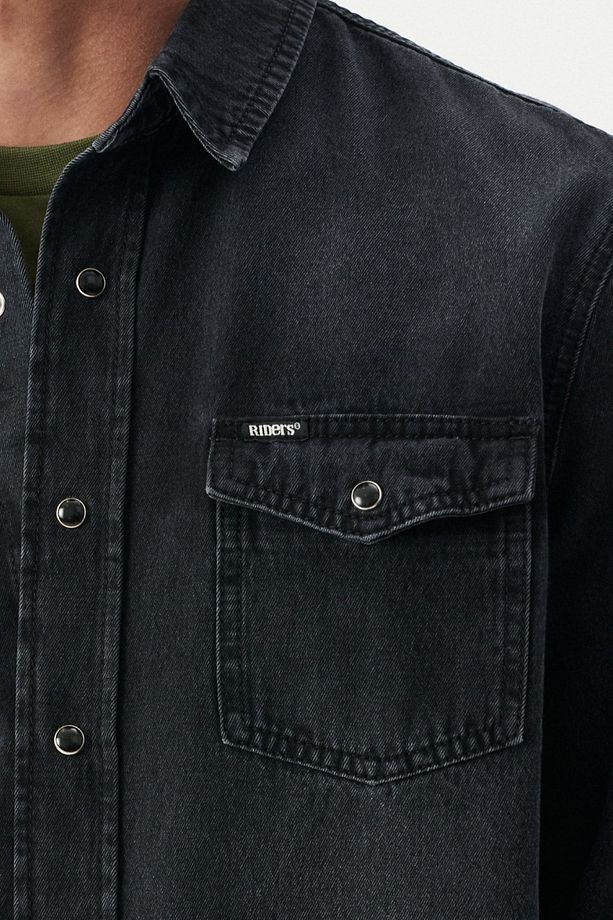Regular Fit %100 Pamuk Antrasit Jean Kot Gömlek - 4