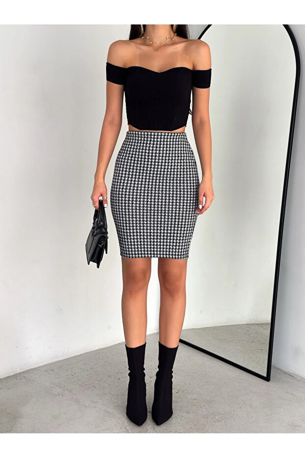 Women's Houndstooth Patterned Cashmere Knee-Length Pencil Skirt