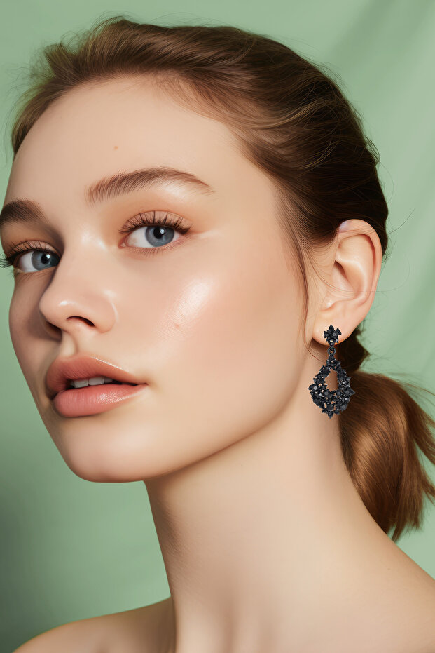 Drop Shaped Dangling Black Stone Evening Dress Women's Earrings