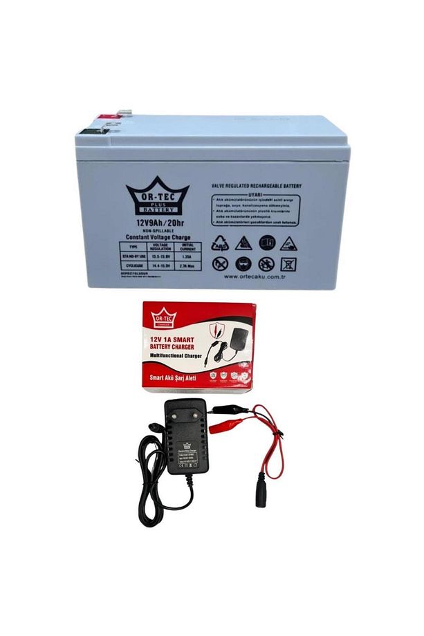 12V 9AH Bakımsız UPS Aküsü - Ortec 12V 1A Akü Şarj Aletli Set - 1