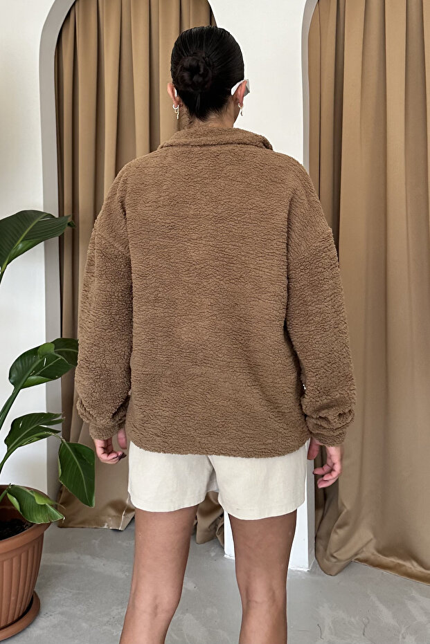 Unisex Göğüs Detaylı Dik Yaka Yarım Fermuar Polar Sweatshirt - 4