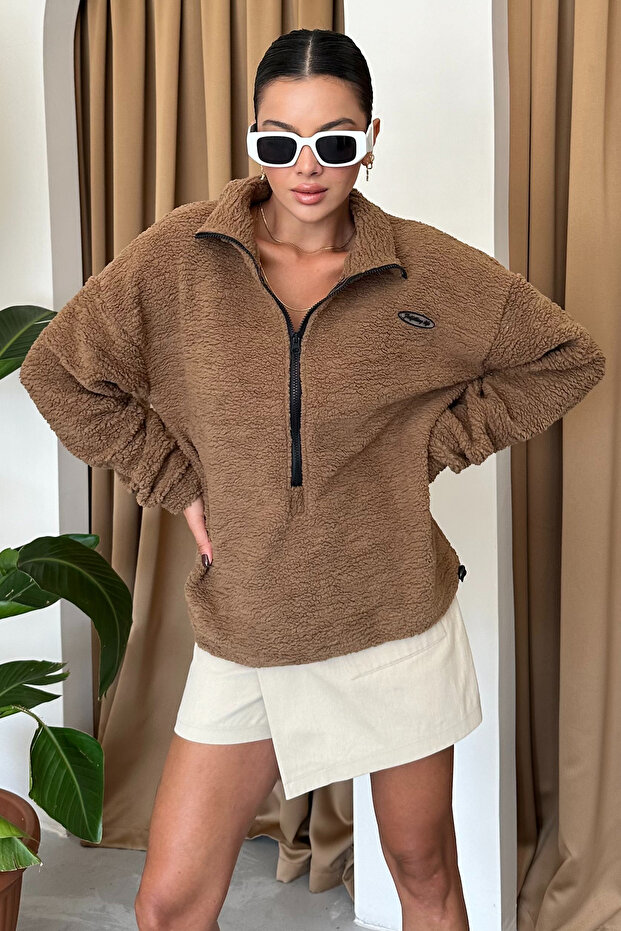 Unisex Göğüs Detaylı Dik Yaka Yarım Fermuar Polar Sweatshirt - 2