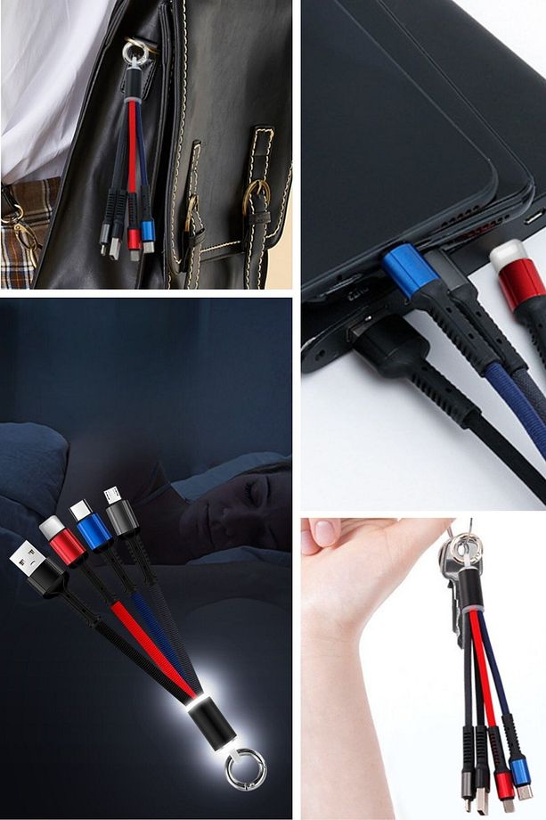 ® Işıklı Anahtarlık Model 3 in 1 USB Çıkışlı MİKRO,TYPE-C ve İphone Uyumlu Şarj Kablosu - 1