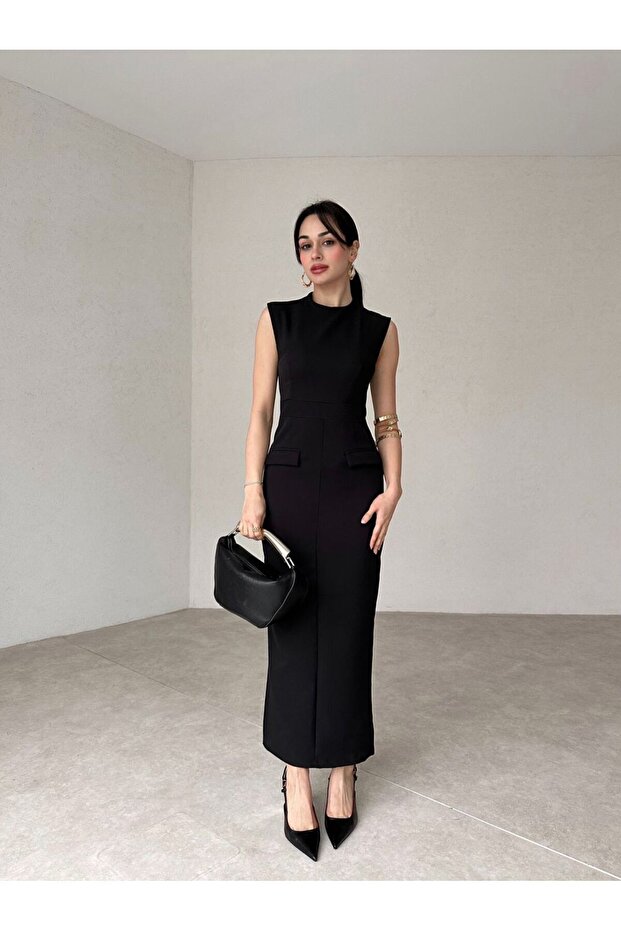 Siyah Sıfır Kol Sofistike Ve Şık Uzun Yırtmaçlı Elbise - 2