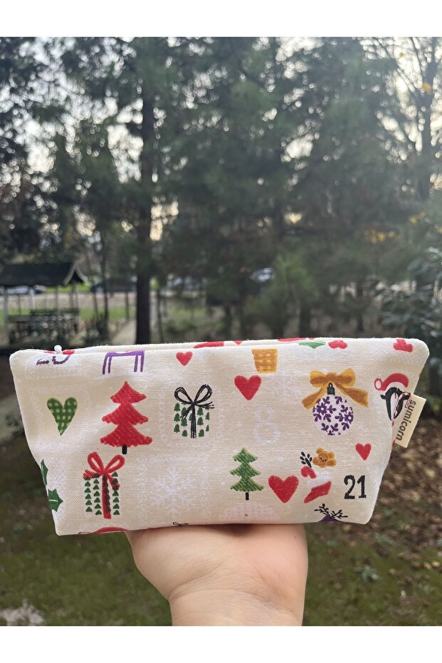 Yılbaşı Desenli Yıkanabilir Fermuarlı Tek Gözlü Bez Kalemlik Kalem Kutusu Cüzdan Makyaj Çantası - 4