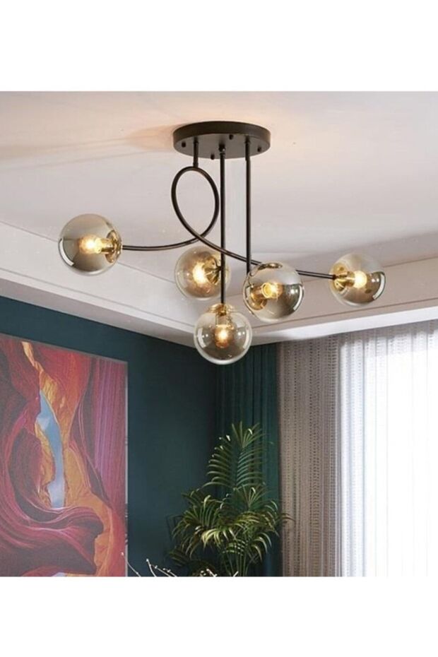 Eva Modern Tarz Globe Camlı Beşli Avize - 1