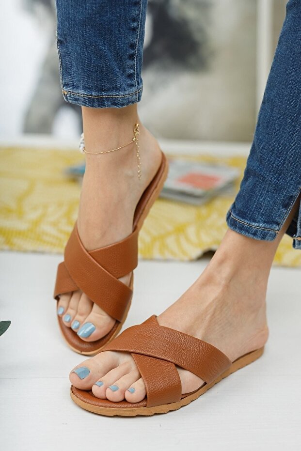 Women's Daily Leather Slippers Tan Dowry Bundle Guest Sea Home Beach Holiday Slippers