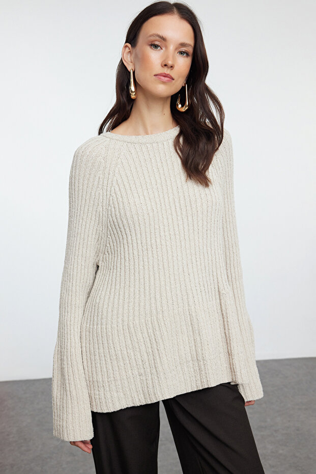 More Sustainable Taş Geniş Kalıp Peplum Detaylı Pamuklu Triko Kazak TWOAW25KZ00305 - 1