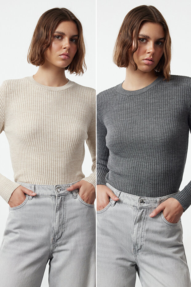 Anthrazit-Beige Doppelpack-Strickpullover TWOAW22KZ1766 - 1