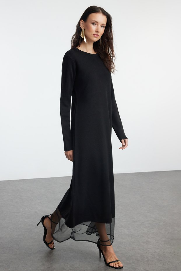 Black Skirt Tulle Detail Knitwear Dress Tctaw25Eb00038