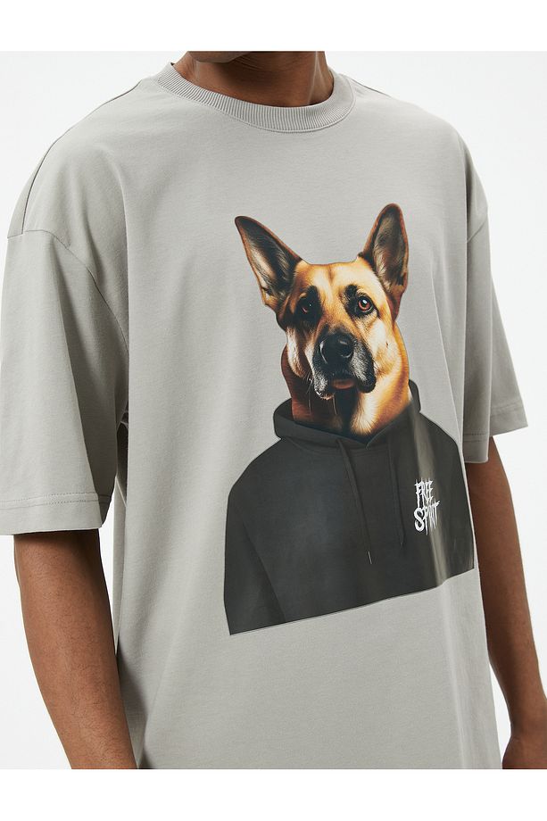 Oversize Tişört Köpek Baskılı Kısa Kollu Bisiklet Yaka Pamuklu - 5