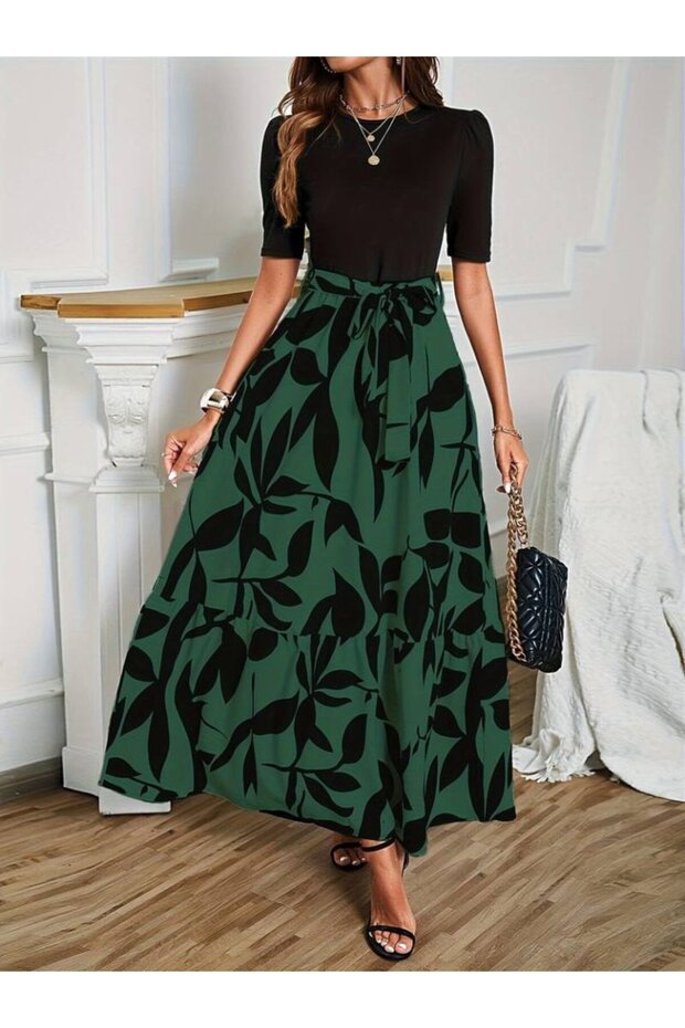 Black Patterned Full Length Belted Women's Dress