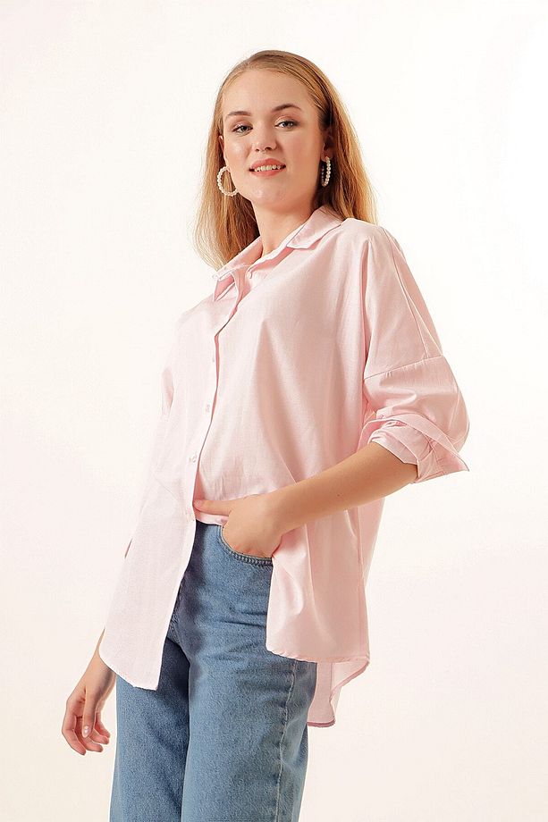 3900 Oversize Uzun Basic Gömlek - Pudra - 5