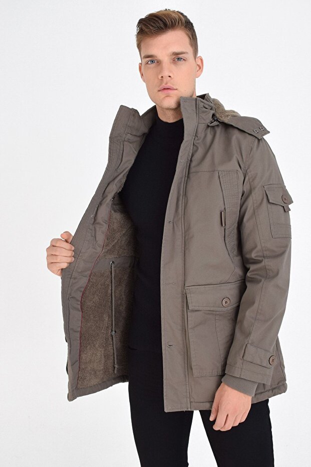 Men's Dark Beige Waterproof Coated Faux Fur Lined Thick Coat