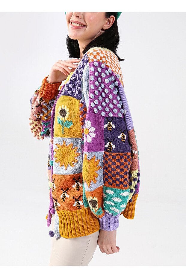El Örgüsü Yün Patchwork Oversize Renkli Tasarım Hırka - 3