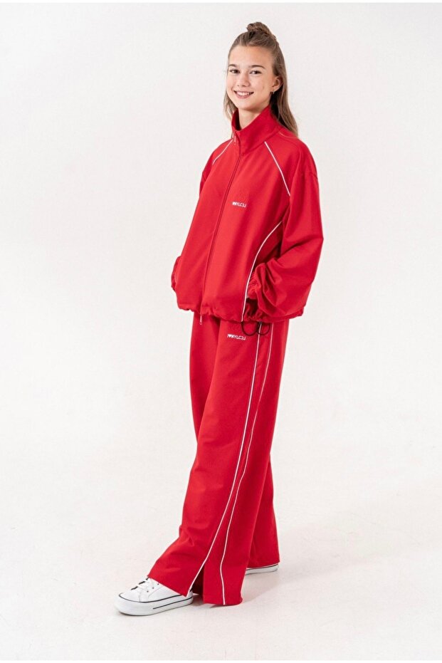 Flexible Soft Textured Wide Leg Zippered Tracksuit Set - Girl