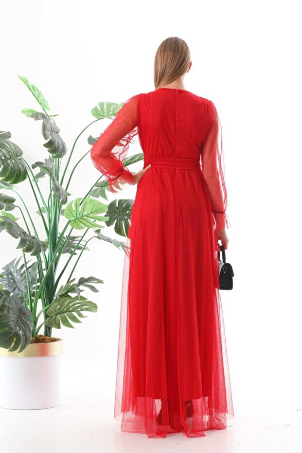 V Yaka Tül Elbise - 4