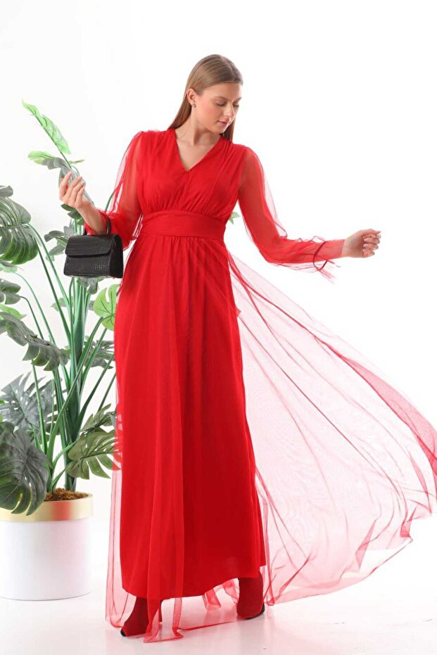 V Yaka Tül Elbise - 3