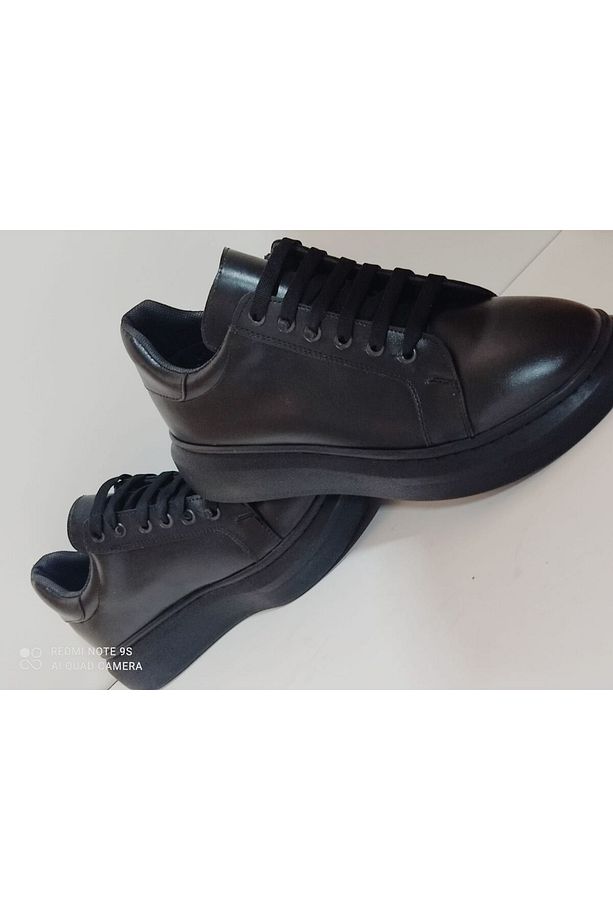 Siyah Deri Bağcıklı Poli Taban Yüksek Tabanlı Erkek Sneaker - 2