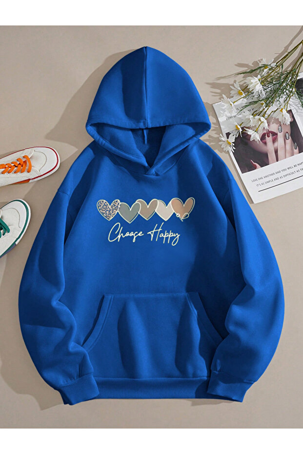 Blue Hooded Close Happy Heart Printed Sweatshirt Hoodie
