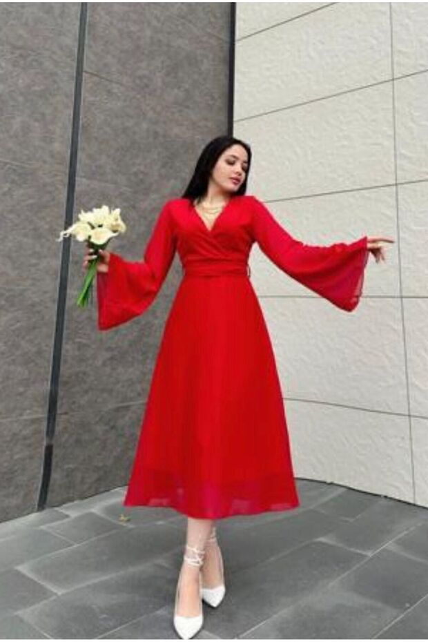 Women's Red Sleeves Tulle Double Breasted Collar Dress