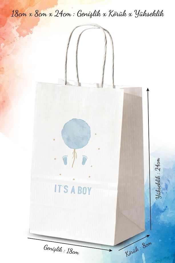 25 Adet Tek Yön It's A Boy Baskılı Hediyelik Kağıt Çanta/poşet 18x8x24 Cm (BT134-25) - 1