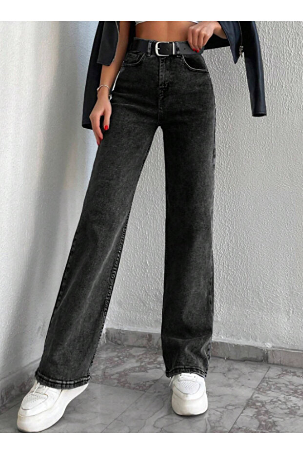 Black Denim Fabric Anthracite Gray High Waist Loose Palazzo Jeans