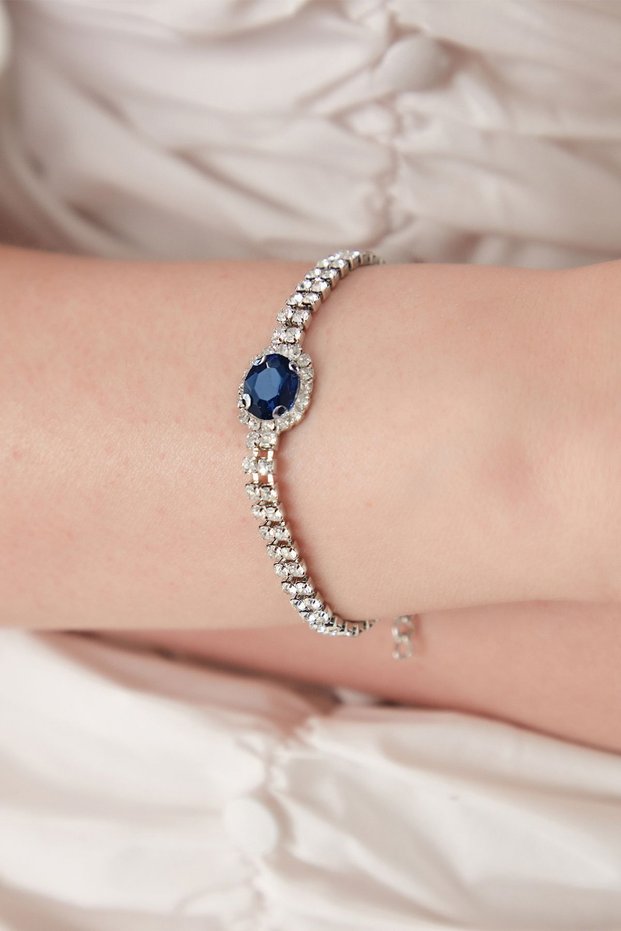 Women's Navy Blue Stella Model Zircon Stone Silver Evening Dress Daily Party Prom Date Combination Bracelet