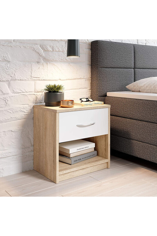 Modern White & yellow Nightstand with Drawer and Shelf Storage - Stylish and Compact Side Table - 1