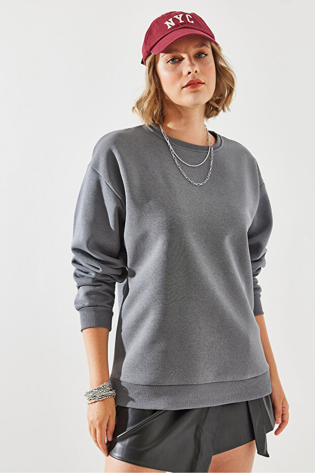 Kadın Bisiklet Yaka Şardonlu Basic Sweatshirt 60251640 - 3