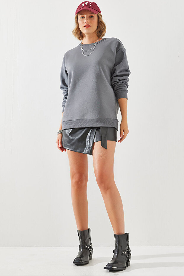 Kadın Bisiklet Yaka Şardonlu Basic Sweatshirt 60251640 - 1