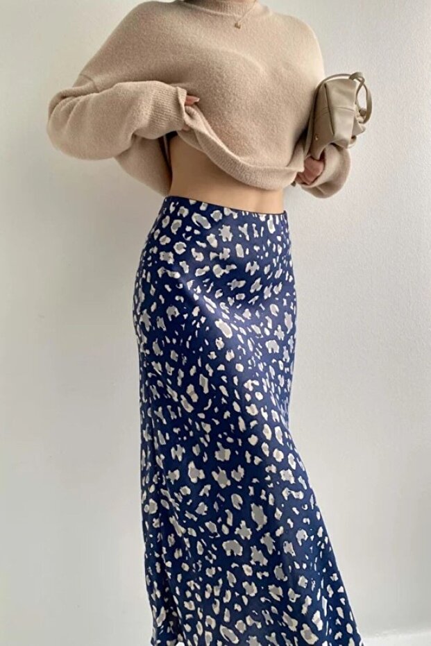 Leopard Pattern Viscose Satin Fabric Midi Skirt - Navy Blue