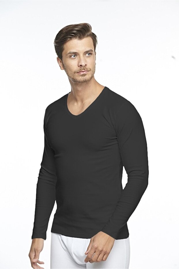 Men's Cotton V-neck Long Sleeve Lycra Top-1041