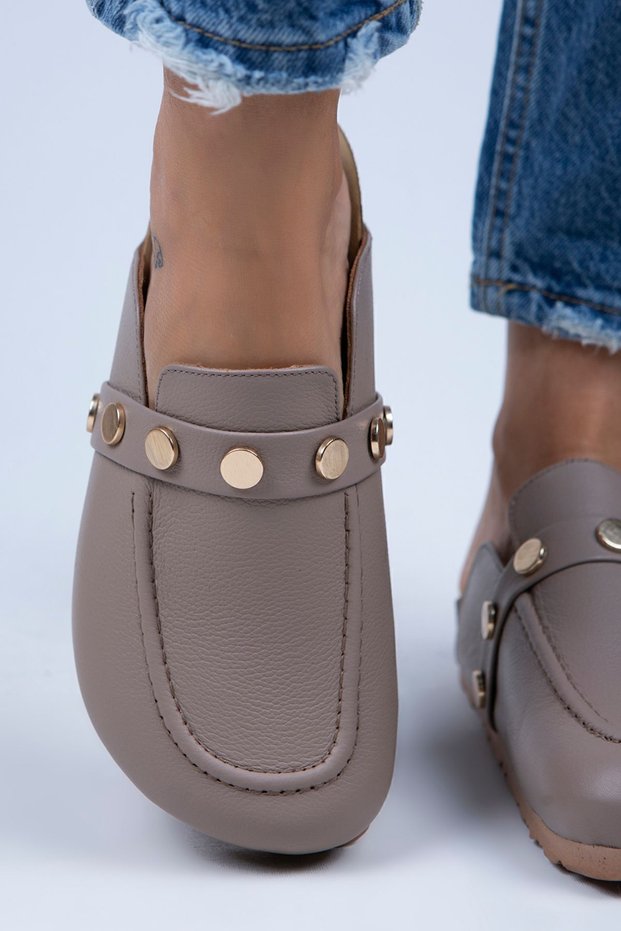 Bonita Women's Genuine Leather Studded Mink - Gold Slippers