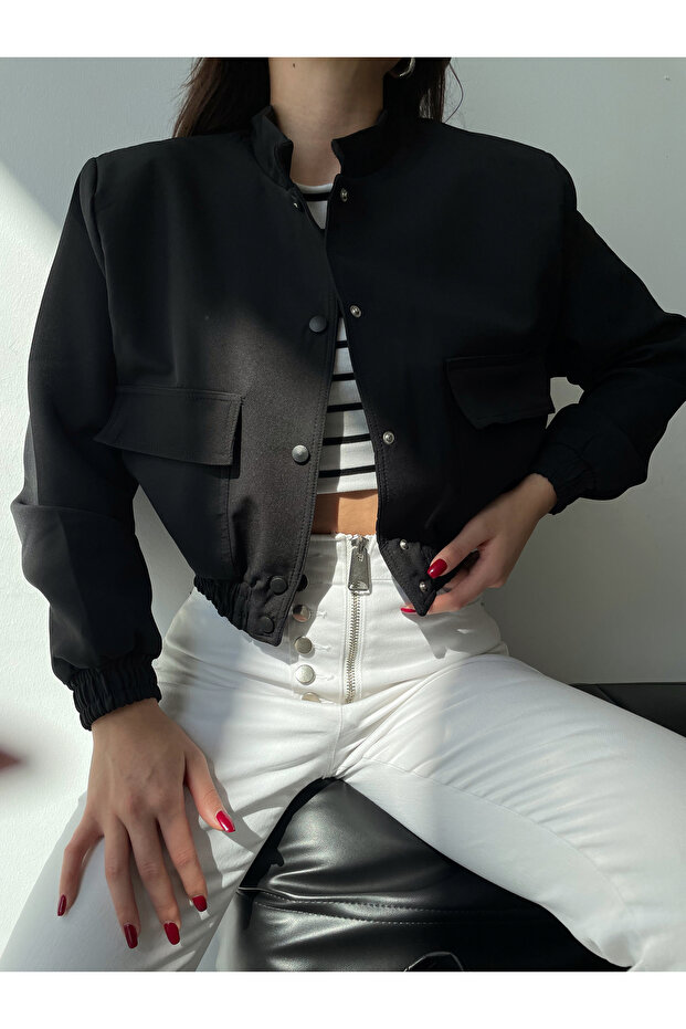 Women's Short Crop Dumbbell Fabric Bomber Jacket