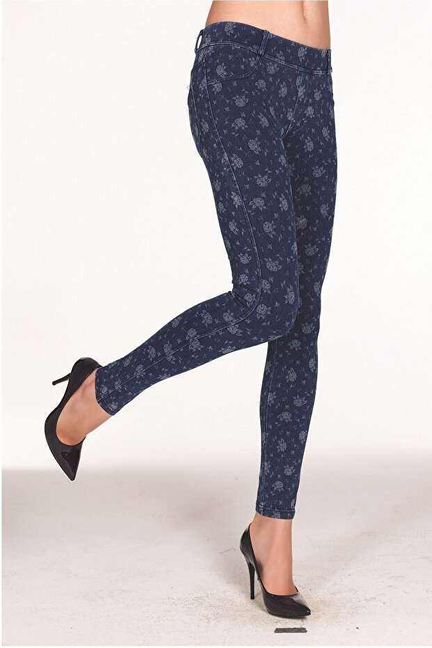 Women's Cotton Floral Patterned Dark Blue Jean Trousers Leggings - 4728