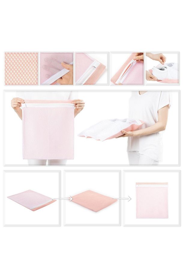 3 Adet Pembe Fermuarlı Ayakkabı Çamaşır Yıkama Filesi Torbası 35x40 - 5