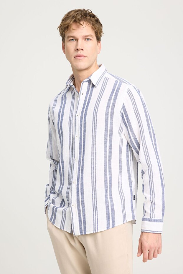 Relaxed Fit Wide Cut 100% Cotton Navy Blue Shirt