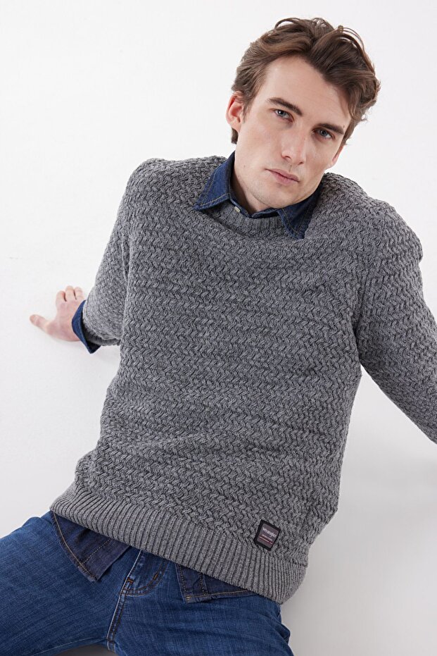 Regular Fit Regular Cut Crew Neck Gray Melange Knitwear Sweater