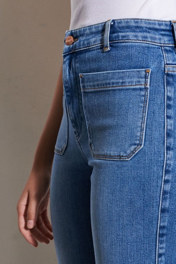 Flare Fit Yüksek Bel İspanyol Paça Cep Detaylı Kadın Mavi Pamuklu Esnek Jean Kot Pantolon - 3