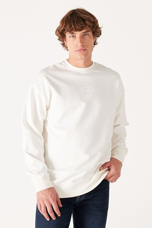 Loose Fit Rahat Kesim %100 Pamuk Bisiklet Yaka Kırık Beyaz Sweatshirt - 1