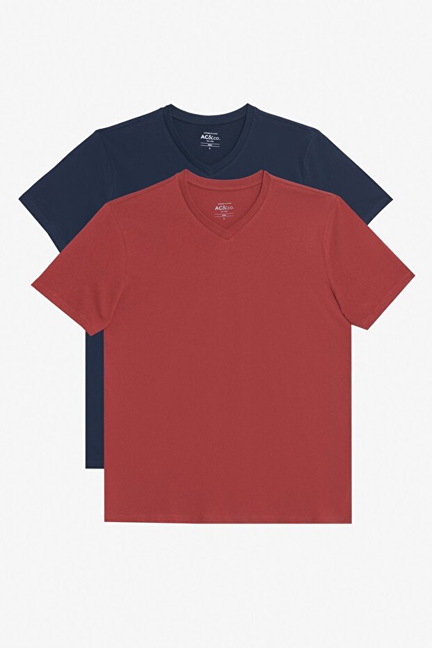 Men's V-Neck Claret Red-Navy Blue Slim Fit Basic T-Shirt Set of 2 100% Cotton