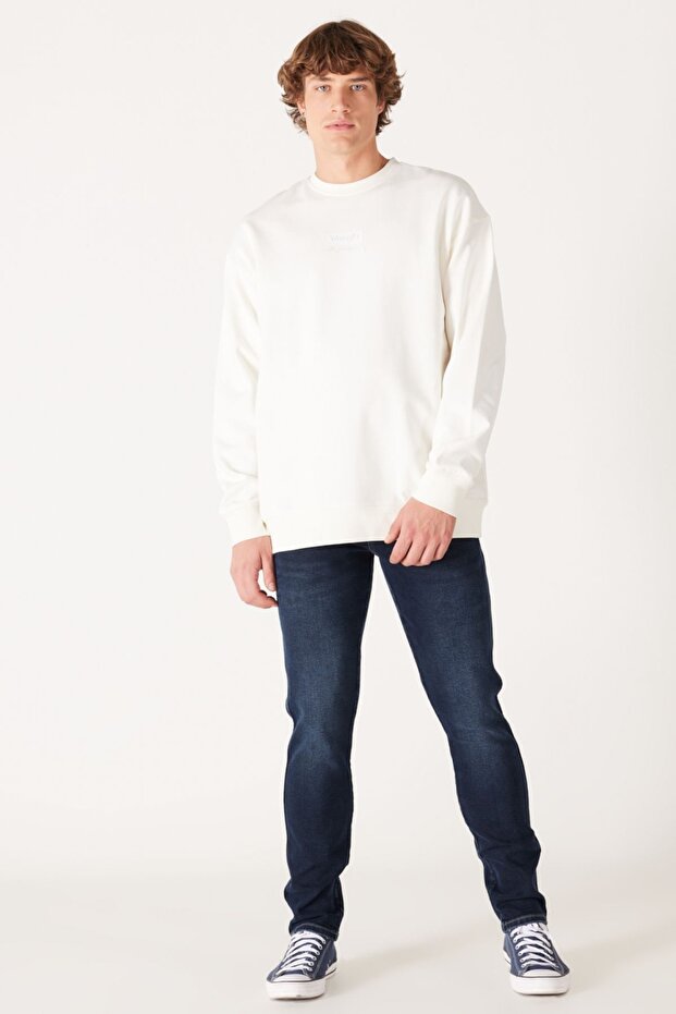 Loose Fit Rahat Kesim %100 Pamuk Bisiklet Yaka Kırık Beyaz Sweatshirt - 4